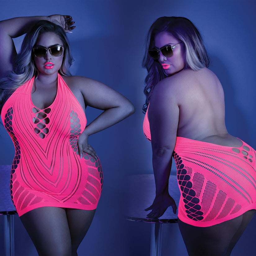 UV Light Glow Halter Dress - Neon Pink