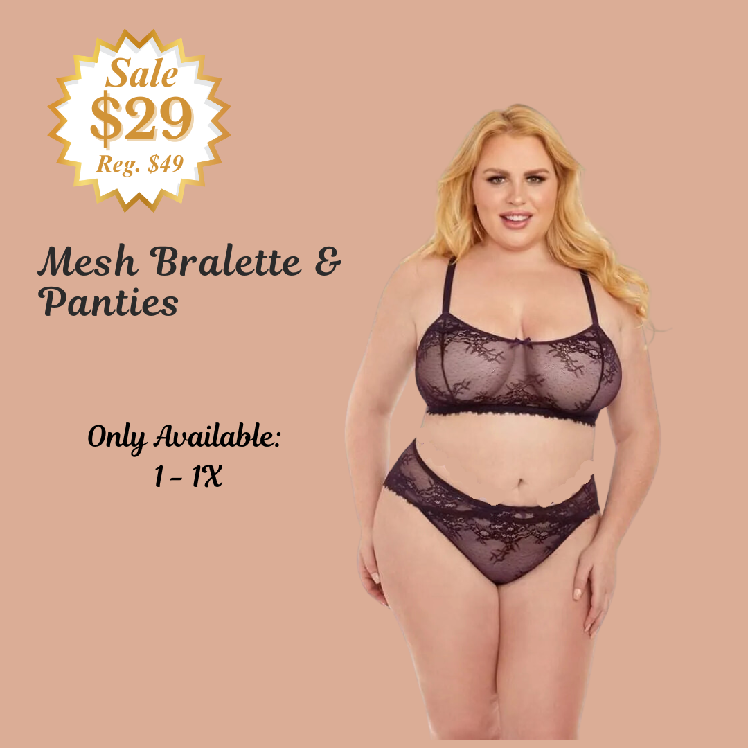 Eggplant Mesh Bralette & Panties - 1x